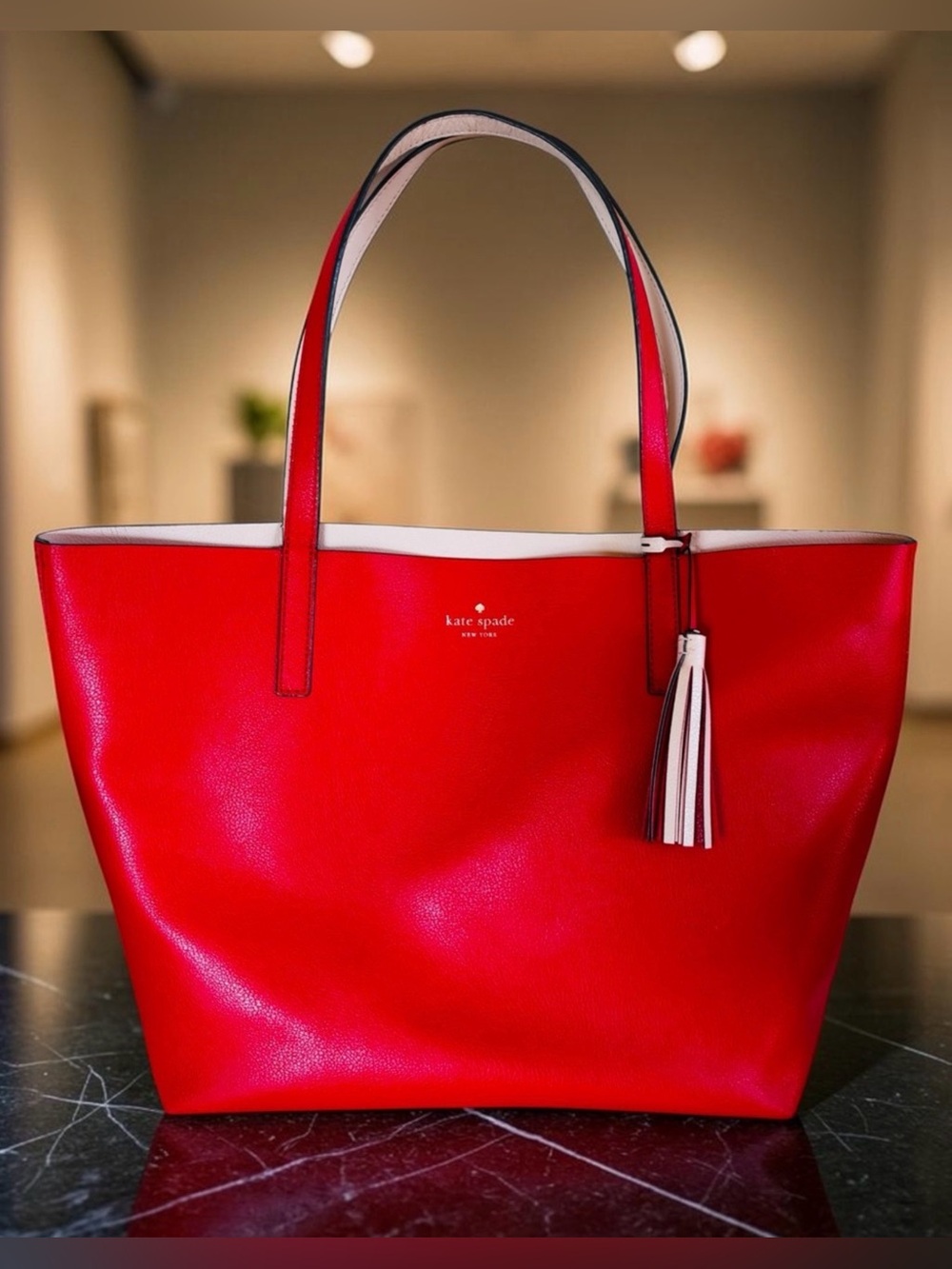 ♠️ kate spade Red Leather Tote with Contrast Tassel